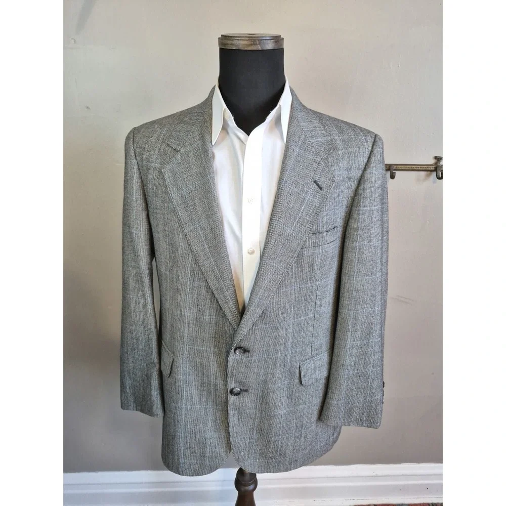 Evan Picone Mens Vintage Sports Coat 44R Gray Check Wool Blazer Made in USA
